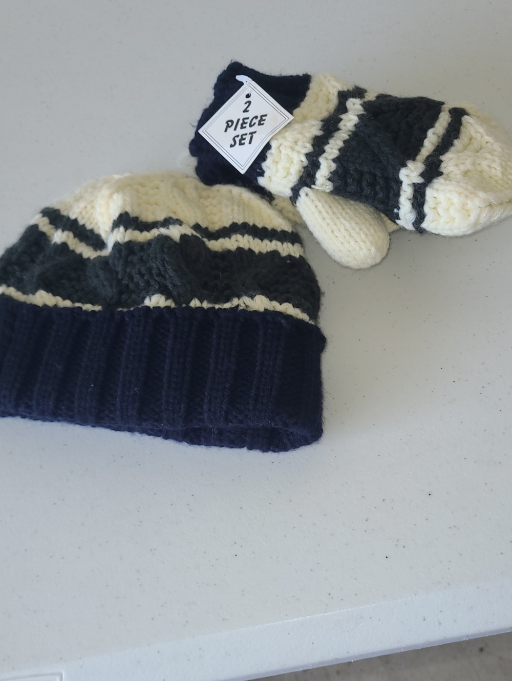 Kids Navy and Cream Knit Hat & Mittens Set-NWT